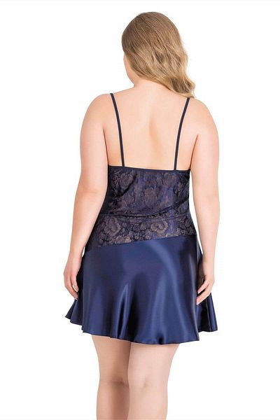 PRIMODA Large Size Dark Blue Short Satin Nightgown