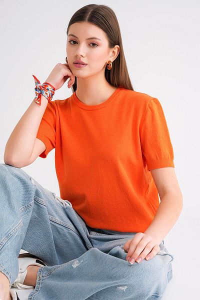 Mixray 6935 Women's Basic Knitwear Short Sleeve Sweater Orange