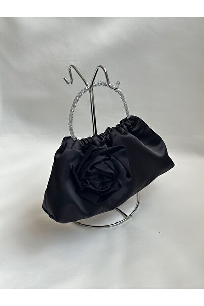 posst bag Geantă de mână pentru rochie de seară din satin negru cu trandafiri