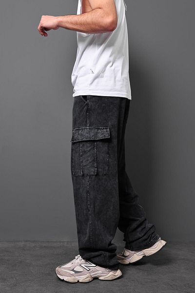 Slatra Men's Black Washed Cargo Baggy Fit Sweatpants