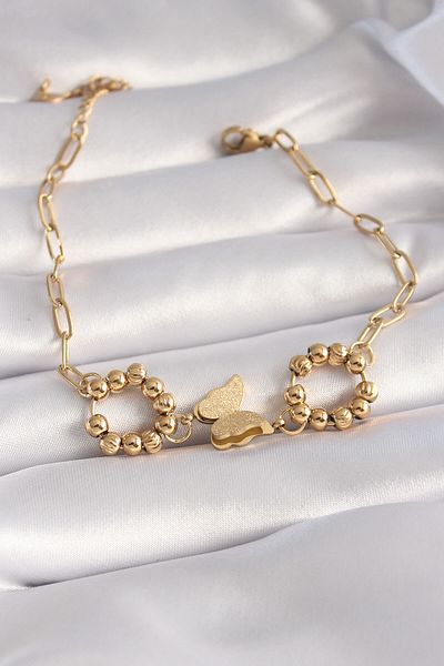 Skygo 316L Steel Gold Color Glittered Butterfly Figure Women's Bracelet - TJ-BB5944