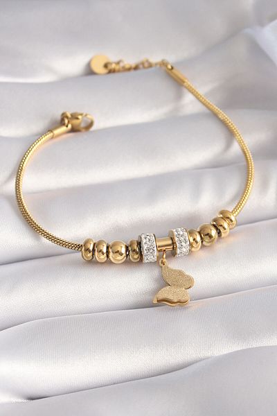 Skygo 316L Steel Gold Color Zircon Stone Silvery Butterfly Figure Women's Bracelet - TJ-BB5952