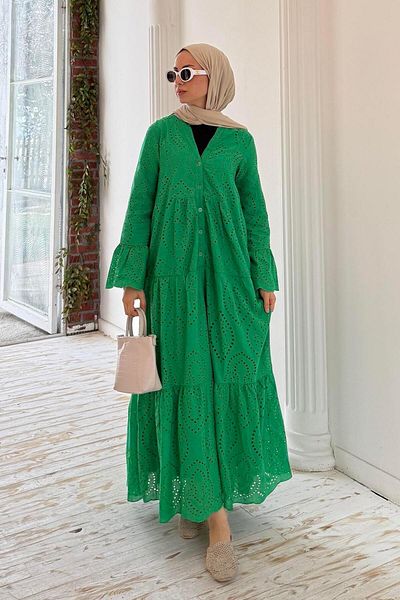 lamelif Buttoned Floral Embroidered Scallop Dress Green