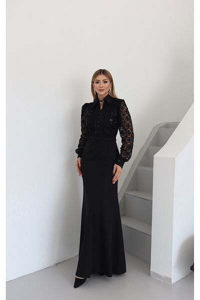 1Moda1Tarz Εισαγόμενο ύφασμα δαντέλας Παγιέτα Κεντημένη ζώνη Αξεσουάρ Κουμπί και Λεπτομέρεια κορδέλας Φόρεμα ειδικής σχεδίασης με επένδυση