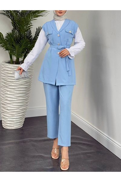 Modamorfo Set triplu cu mânecă zero, cu nasturi în față și curea în talie - Baby Blue