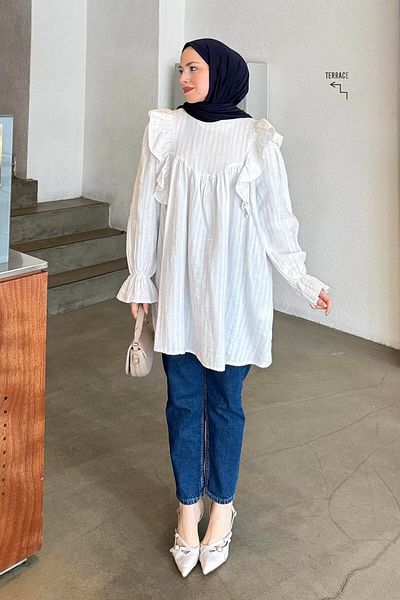 lamelif Shoulder Ruffled Hijab Tunic White