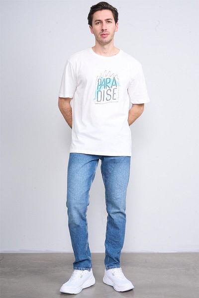 Çetinkaya Çetinkaya Chester Polo 3836 Crew Neck 30/1 Combed Regular Printed T-Shirt Cream