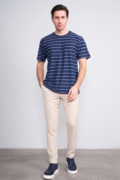 Çetinkaya Chester Polo 3871 Men's Crew Neck 30/1 Jacquard T-Shirt Navy Blue