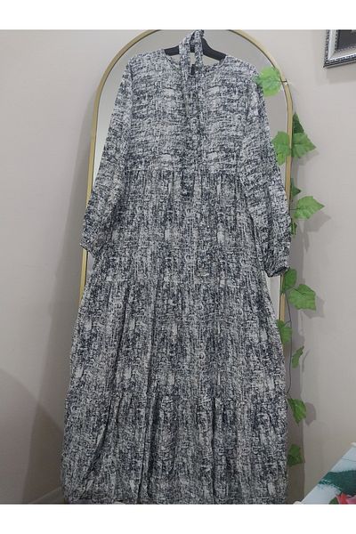 Dagü Design Women's Hijab Ruffled Patterned Gray, Ecru Viscose Long Dress