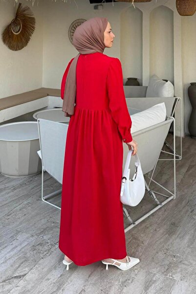 lamelif Leather Detailed Hijab Dress Red