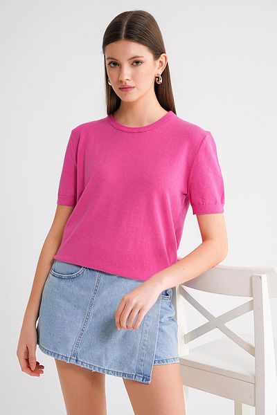 Mixray 6935 Women's Basic Knitwear Short Sleeve Sweater Pink