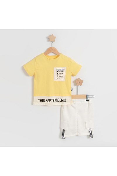 TRENDİMİZBİR Baby Boy Comfortable Cotton T-Shirt Pocket Shorts Yellow Bottom Top Set