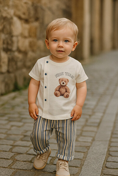 TRENDİMİZBİR Erkek Bebek Çizgili Teddy Yazlık Müslin Takım