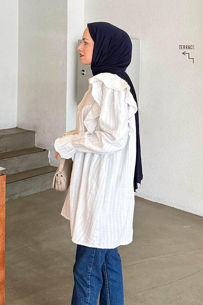 lamelif Shoulder Ruffled Hijab Tunic White