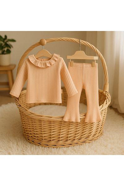 TRENDİMİZBİR Baby Girl Ruffled 2-Piece Set Ribbed Top and Long Bottom Set – Salmon