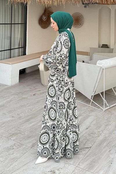 lamelif Φόρεμα με φούντα με έθνικ σχέδιο βισκόζης πράσινο
