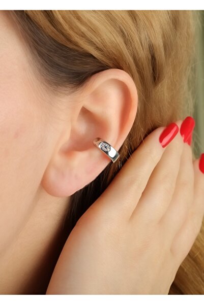 Home Sihra Accessories gümüş renk zirkon taşlı göz detaylı sıkıştırmalı kıkırdak küpesi Earcuff