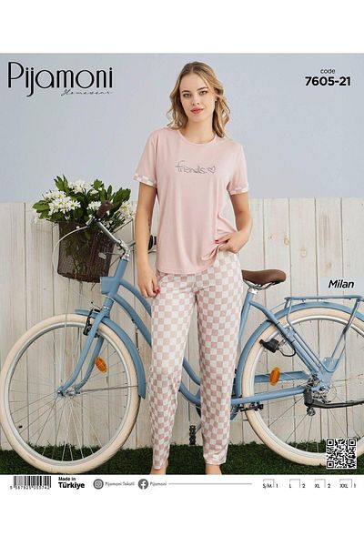 Pijamoni Σετ γυναικείες πιτζάμες Bamboo Milan Fabric Salmon Color Crew Neck με κοντό μανίκι