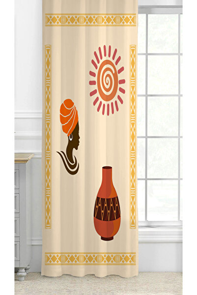 GREENDECOR Ethnic African Antique Vase Sun Patterned Bohemian Special Design Digital Printed (Single Wing) Beige Background Curtain
