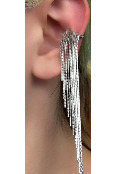 AychaAksesuar Çelik vip seri püsküllü gümüş renk geçirmeli deliksiz kıkırdak küpe