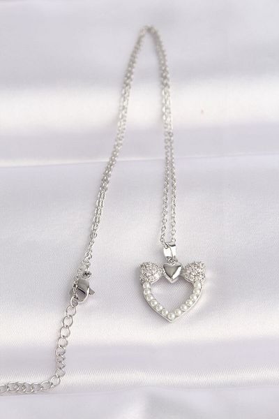 Skygo 316L Steel Chain Silver Color Pearl Stone Detail Heart Necklace with Zircon Stone - Tj-Bko8629