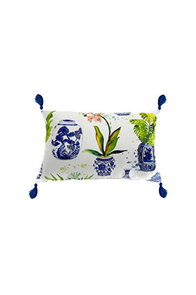 Bally Home Vase and Leaf Patterned Rectangular Tasseled Decorative Throw Pill...