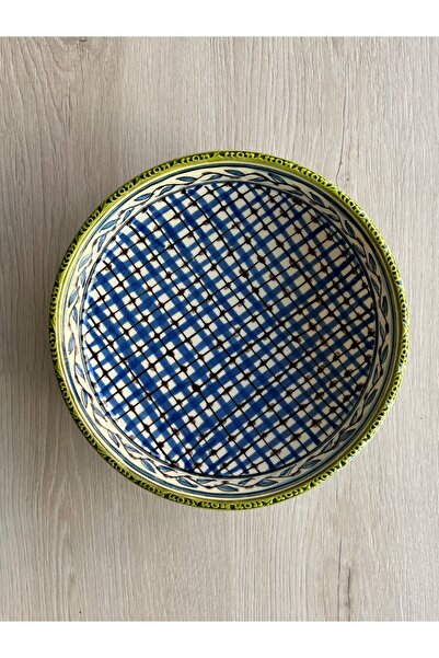 EL YAPIMI El Yapımı Etnik Desenli Seramik Kase – Mavi Ekose & Yeşil Kenar