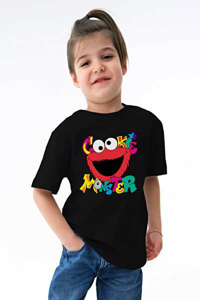 Kids تي شيرت أسود للأطفال مطبوع عليه Cookie Monster Cookie Monster للجنسين