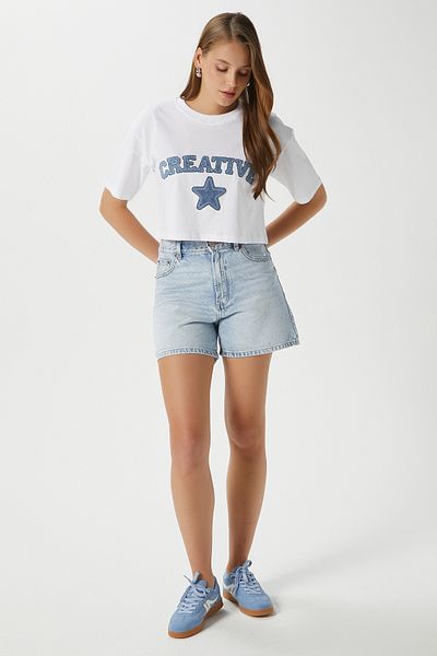 Ritnice Tricou Crop Creativ Albastru Alb Brodat de damă