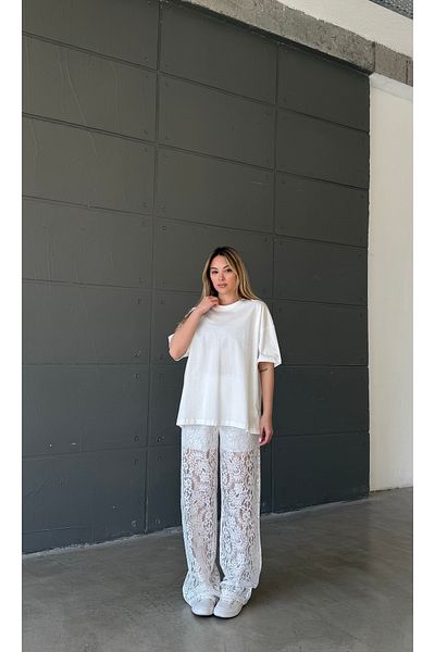 Zey Studio Women's White Lining Detailed Lace Trousers