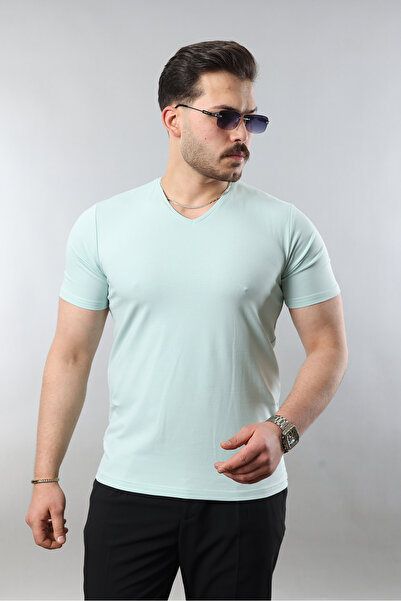 STOCX Erkek %100 Pamuk Slim Fit Dar Kesim V Yaka Basic Tişört