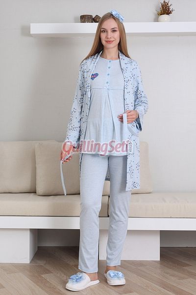 quilling 3 piese Erdeniz 3432 Baby Blue Color Maternitate - Set pijama pentru gravide cu halat si detaliu din dantela