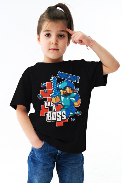 Kids Minecraft Baskılı Unisex Siyah Çocuk Tişört