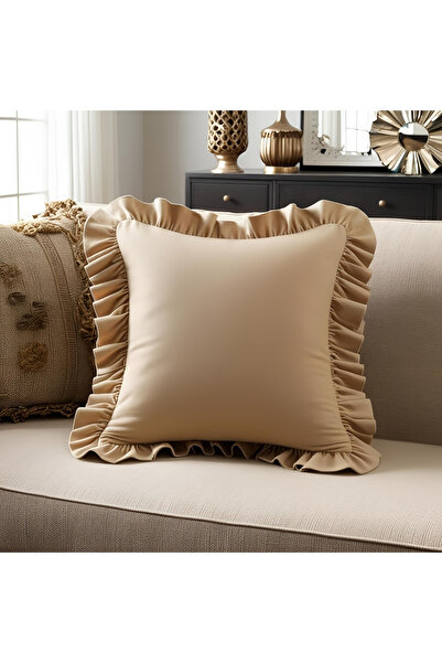 Bc Home Bej Kadife Görünümlü Country Fırfırlı Kare Kırlent Kılıfı Yumuşak Dok...