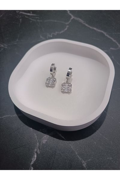 Serenita Mare Women's 316L Stainless Steel Zircon Stone Square Dangle Earrings – Silver Color