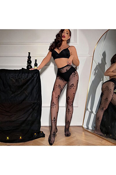 VEGAROKS Punk Gothic Kurukafa Desen Fileli Ithal Külotlu Çorap