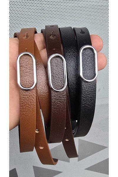 Kemerix 100% Genuine Leather Silver Buckle Thin Black-Tan-Angle Brown 3-Piece Belt Set