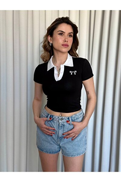 sole stories Polo Neck Ribbon Embroidery Detail Short Sleeve Crop Blouse