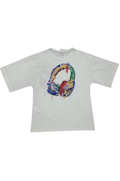 İrem Çocuk Giyim Boy / Girl White T-Shirt with Headphones Pattern on the Front and Back