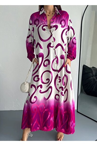 MODA فستان نسائي طويل الأكمام بطول ماكسي وردي منقوش