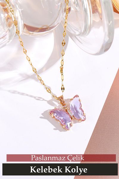 Nehir Trend Stainless Tarnish Steel Butterfly Necklace Valentines Women Fathers Teachers Day Gift