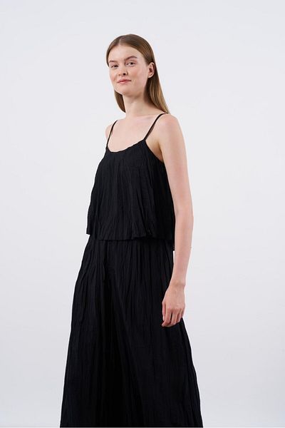 FEMMESTUDIO Women's Black Wrinkled Blouse Skirt Set