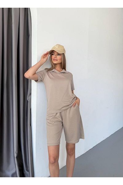 NEAR Modal Fabric Collar Short Sleeve Tracksuit Set for Women with Shorts, Soft Fabric with Lace-Up, Modern Design