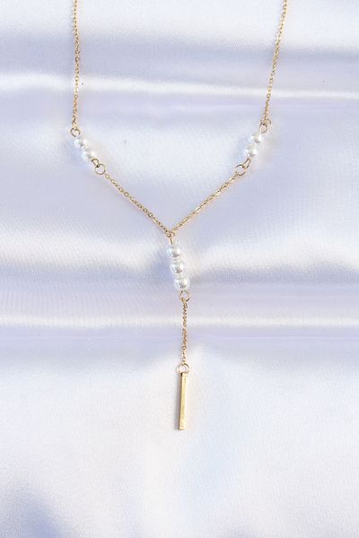 Skygo 316L Steel Chain Gold Color Minimal Pearl Rhinestone Dangle Necklace - Tj-Bko8732