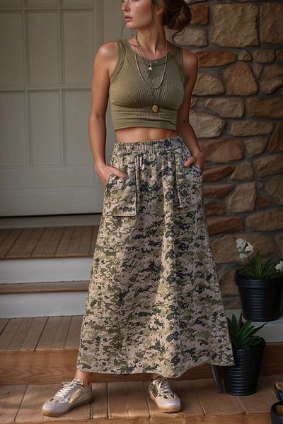 bacc Khaki Beige Camouflage Self Patterned Gabardine Double Pocket Elastic Waist Long Skirt Bcbsk-25700-3553
