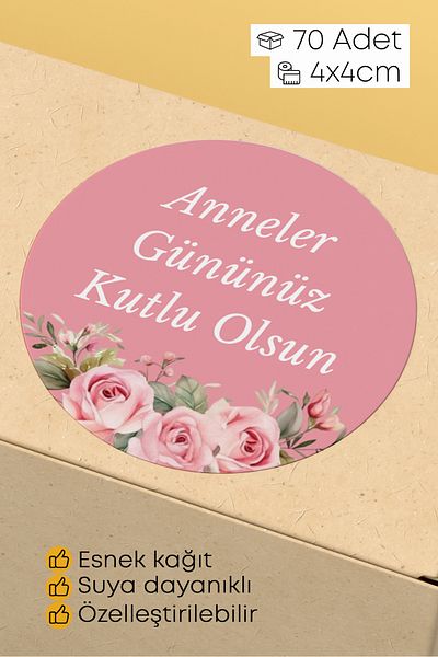 alışveriş kurdu Happy Mother's Day Written Sticker Packaging Shipping Packaging Label - 4X4Cm 70 Pieces