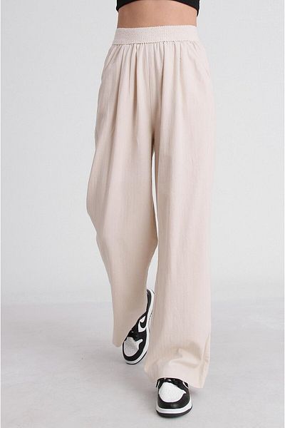 FEMMESTUDIO Women's Cream Waist Detailed Linen Trousers