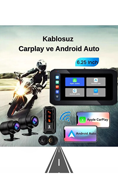 BEKAZE 6.25'' 2K Dokunmatik Ekranlı Su Geçirmez Motosiklet CarPlay GPS - 2 Kameralı, Lastik Basınç Sensörlü