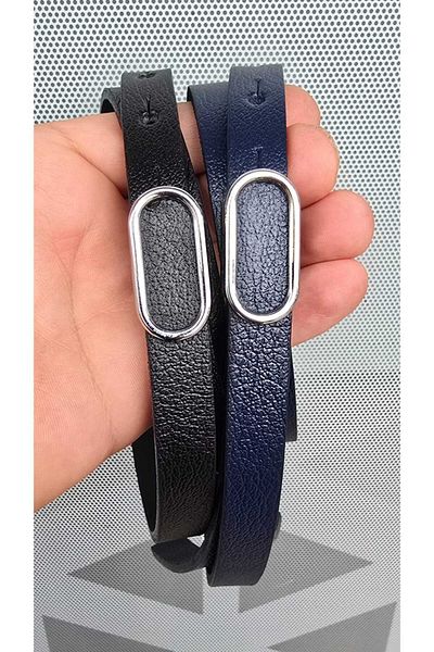 Kemerix 100% Genuine Leather Silver Buckle Thin Black-Navy Blue 2-Piece Belt Set