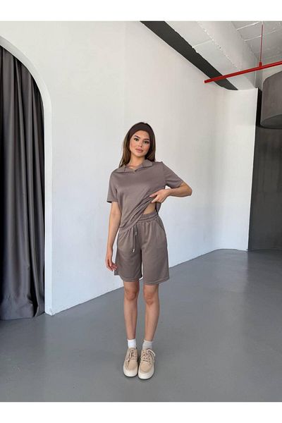 NEAR طقم بدلة رياضية نسائية بأكمام قصيرة وياقة قماش مودال مع شورت، قماش ناعم برباط، تصميم عصري
